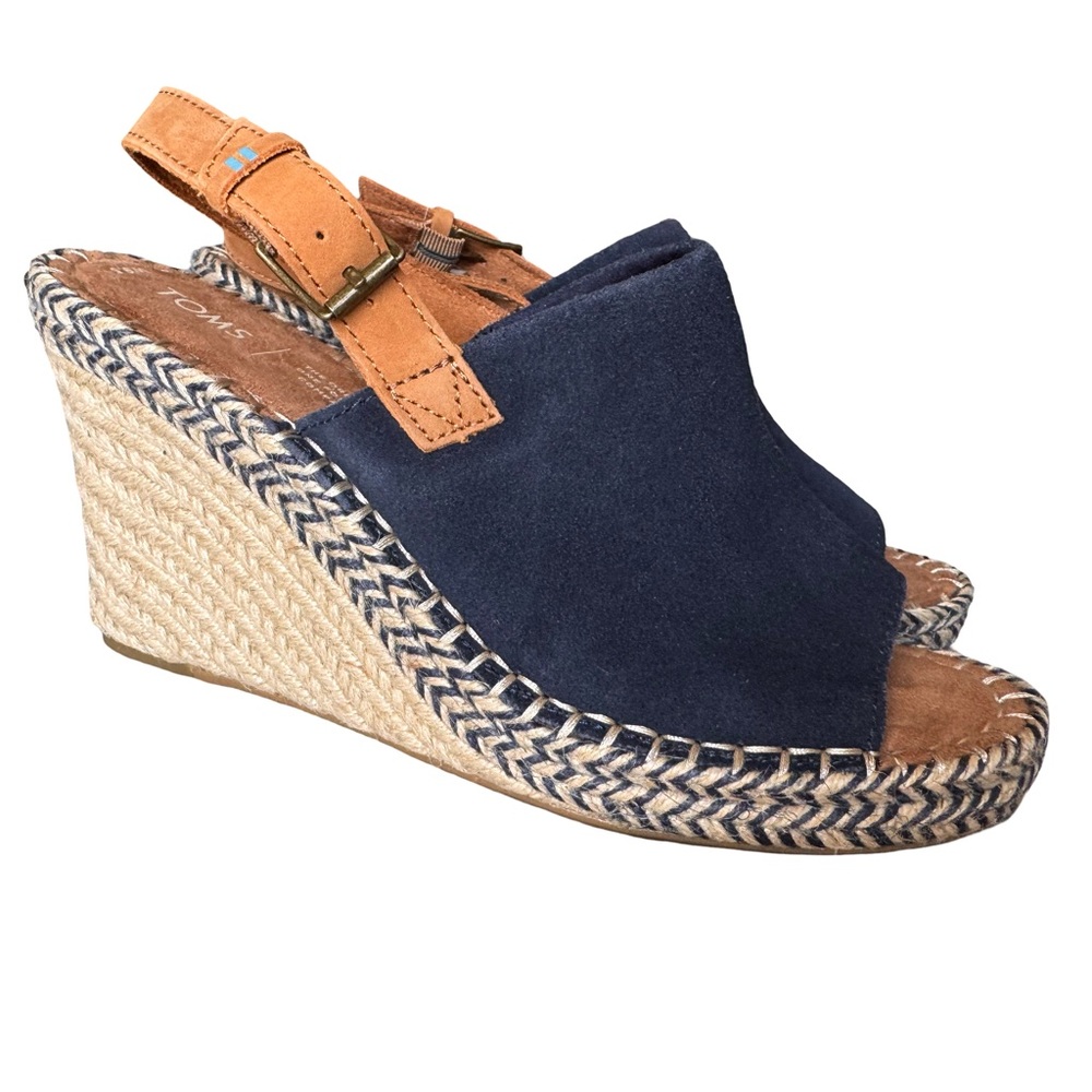 TOMS Monica Slingback Platform Espadrille Wedge Sandal Size 9.5 Navy Blue & Tan